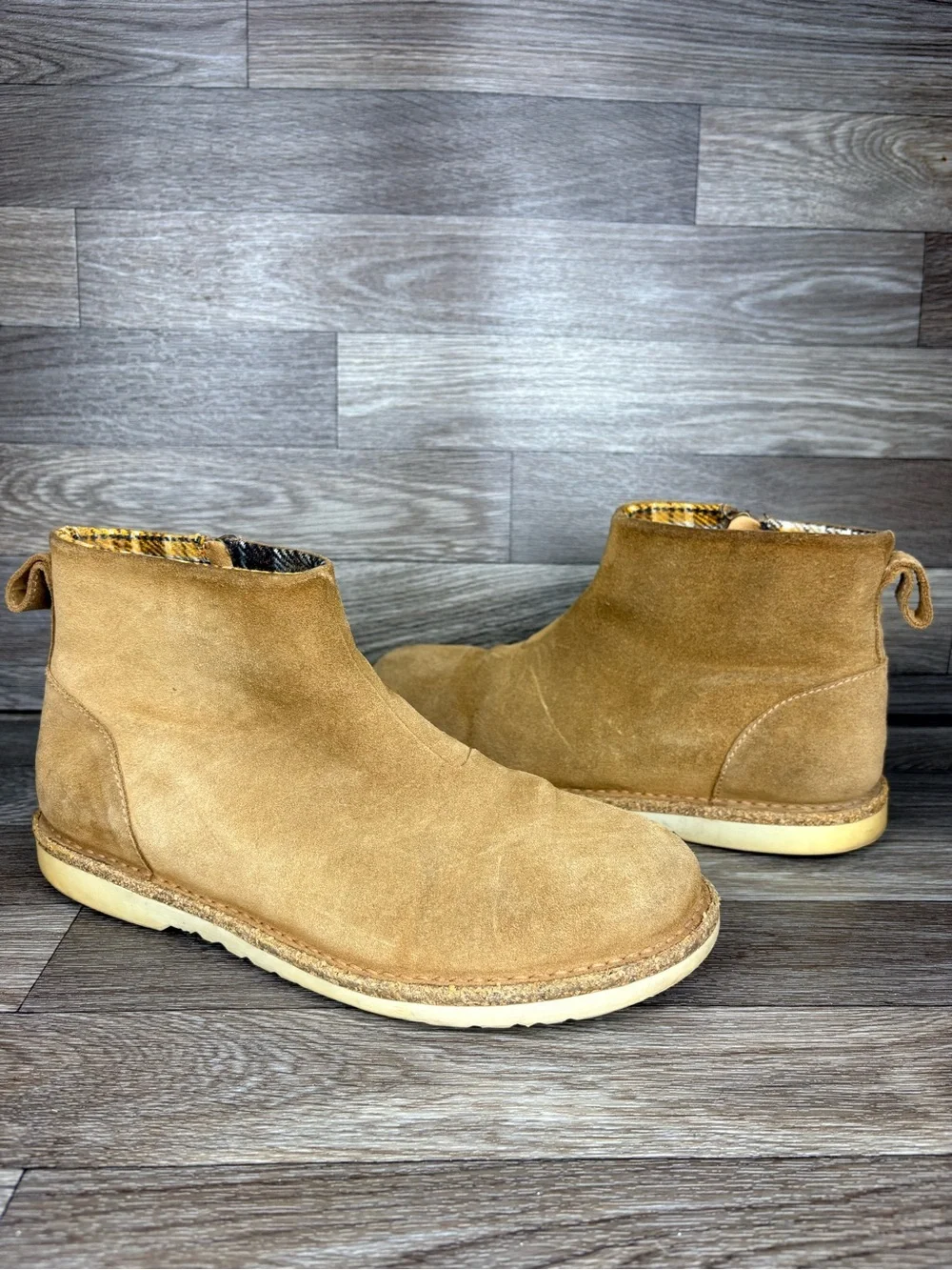 Birkenstock Melrose Tan Suede Zip Up Ankle Boot Plaid Lining Women’s Sz 40 or 9